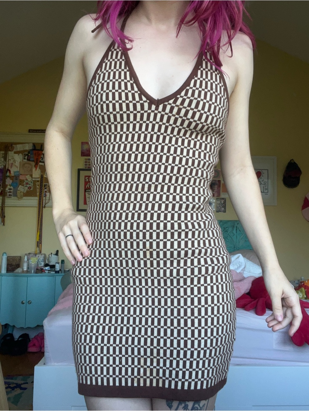 Brown Checker Halter Knit Dress - Unbranded